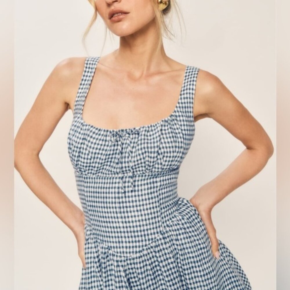 NEW Reformation Balia Midi Linen Dress in  Slate Check Plaid Navy White | size 4 - Picture 4 of 16